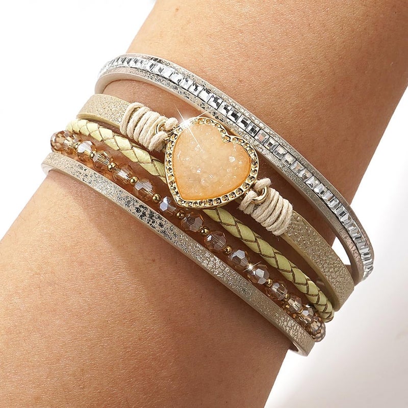 Suyi Multilayer Leather Wrap Bracelet Heart-Shape Wide Cuff Bracelets for Women - Image 3